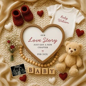 May include: A heart-shaped wooden sign with the text "Our Love Story Just Got a New Chapter" and "FEB 202X". The image includes a baby onesie, a teddy bear, baby booties, and wooden blocks spelling "BABY".