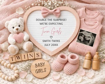 Girl Twins Pregnancy Announcement, Pink Gender Social Media Reveal, Editable Canva Template (Digital Download)