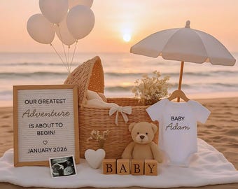 May include: A beach scene with a baby announcement. A white onesie with "BABY Adam" is displayed under a white umbrella. A sign reads "OUR GREATEST ADVENTURE IS ABOUT TO BEGIN! JANUARY 2026" with a sonogram image. A teddy bear and balloons are also present.