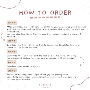 May include: A light beige graphic with the text "HOW TO ORDER" in a brown font. The steps to order are listed below the title, including downloading files, customizing a template, and sharing the announcement. The Artevia Studio logo is at the bottom.