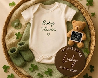 Editable St Patrick’s Day Lucky Charm Pregnancy Announcement Digital Announce March Baby Reveal Boho Gender Neutral Baby Reveal Template