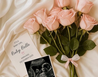 May include: A bouquet of light pink roses tied with a pink ribbon and lace bow. Beside the flowers is a card that reads "It's a Baby Girl Baby Belle Arriving December 2025" and a sonogram image.