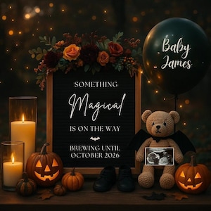 Magical Halloween Digital Pregnancy Announcement, Halloween Social Media, Instant Editable Template, Gender Neutral Baby Reveal, October