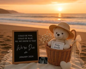 Beach Pregnancy Announcement Editable Template, Summer Baby Reveal, Digital Social Media Reveal, Neutral Baby Announcement Ideas Boho Basket