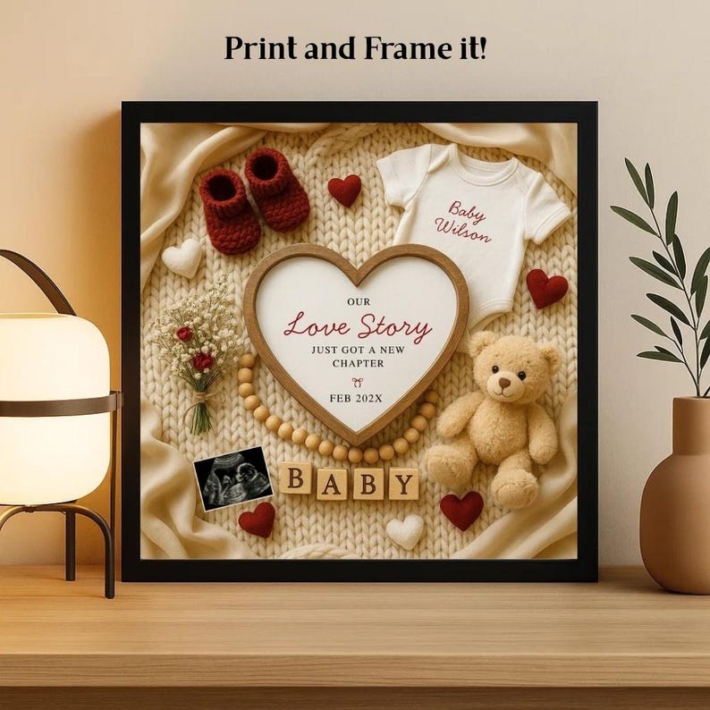 May include: A framed baby announcement with a heart-shaped frame that reads "Our Love Story." The frame includes baby booties, a onesie with the name "Baby Wilson," a teddy bear, and wooden blocks spelling "BABY."