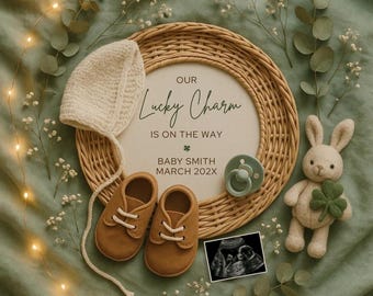 St Patrick’s Day Pregnancy Announcement Digital, Lucky Charm March Baby Reveal Gender Neutral Boho Baby Social Media Reveal Template, Insta