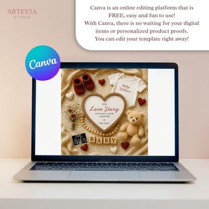May include: A laptop displays a baby announcement template. The design includes a heart-shaped frame with the text "Our Love Story," baby shoes, a teddy bear, and the word "BABY" in wooden blocks. The Canva logo is visible.