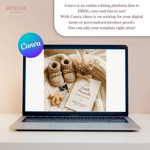 May include: Laptop screen displaying a baby announcement template with knitted baby booties, a sonogram, and a pacifier. The announcement reads "Our Little Miracle is on the way" and includes the baby's name and due date. The Canva logo is visible.