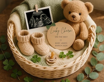 St. Patricks Pregnancy Announcement March Pregnancy Reveal, Digital Baby Reveal, Lucky Charm Boho Baby Announcement, Editable Canva Template