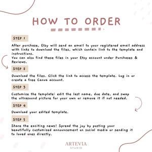May include: A light beige graphic with the text "HOW TO ORDER" at the top. The steps to download and customize a template are listed below. The Artevia Studio logo is at the bottom.