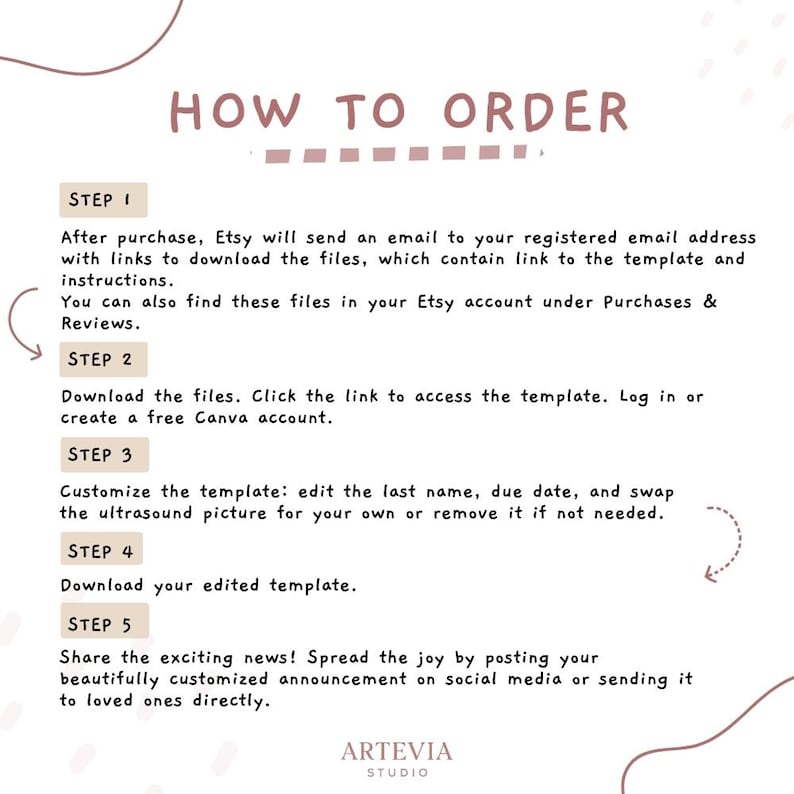 May include: A light beige graphic with the text "HOW TO ORDER" at the top. The steps to download and customize a template are listed below. The Artevia Studio logo is at the bottom.