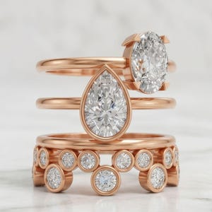 3-delige bruidsset, ovale en peervormige ring verlovingsringen, ronde bellenband, in het laboratorium gekweekte diamanten stapelringen, 14 kt massief goud, bruiloftsset