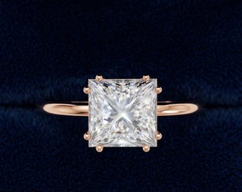 1.50 Ct Princess Cut Lab Diamond Ring, 14K Gold Double Prongs Solitaire Engagement Ring