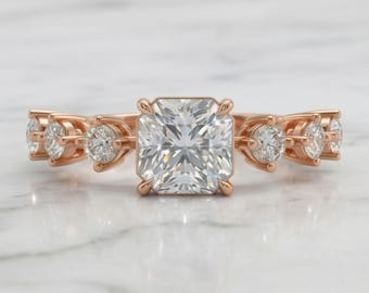1.00 CT Square Radiant Engagement Ring 14K Yellow Gold | Side Stone Lab Diamond Wedding Ring | 7 Stone Bridal Ring | Anniversary Gift