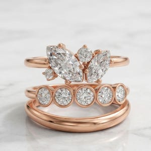 Marquise Cluster Ring Set, 3 Piece Bridal Stack, Bezel Wedding Band, Curved Nesting Band, Lab Grown Diamond Moissanite, 14K Solid Gold