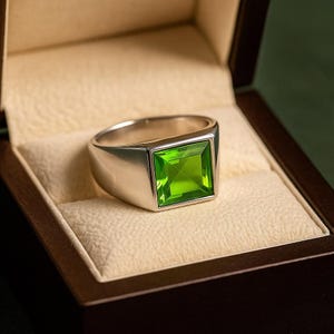 Peridot Signet Ring: 925 Sterling Silver, Yellow Gold Accent