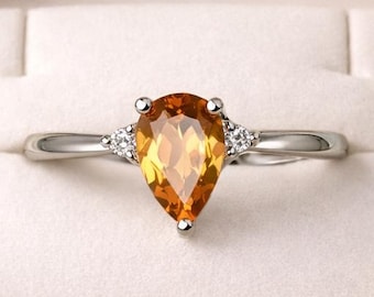 Pear Citrine Sterling Silver Ring, November Birthstone Jewelry