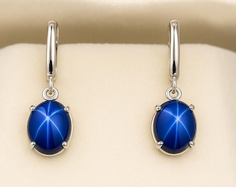 Blue Star Sapphire Dangle Earrings | Sterling Silver Boho Earrings