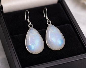 Moonstone Drop Earrings, 925 Sterling Silver Pear Dangles, Boho Style