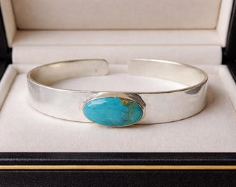 Handmade Turquoise Cuff Bracelet, Sterling Silver Wide Band, Southwestern Jewelry