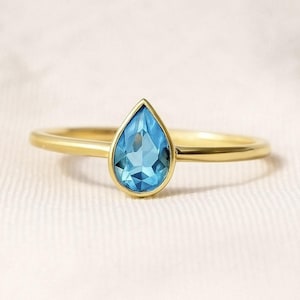 14k Solid Gold Blue Topaz Ring, Pear Cut Blue Topaz Stacking Ring Blue Topaz Gemstone Ring Birthstone Jewelry Bridesmaid Gift Bridal Jewelry