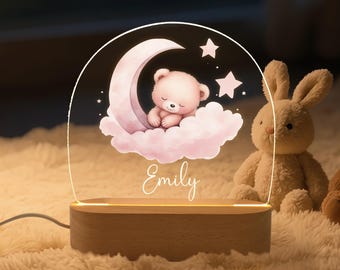 Luce notturna personalizzata per neonati con orsetto rosa e luna, con nome, luce notturna a nuvole e stelle per la cameretta dei bambini, graziosa decorazione per la cameretta, regalo per battesimo o baby shower.