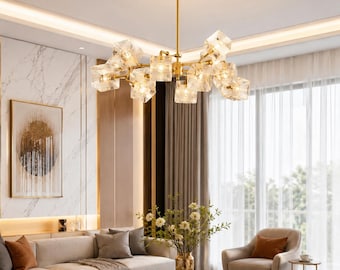 Lustre en cristal doré • Luminaire suspendu art déco moderne en laiton (6 lumières LED)