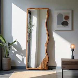 Asymmetrical Wood Frame Mirror – Decorative Wall Mirror for Living Room or Entryway