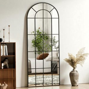 65&quot; x 24&quot; Arched Window Pane Full Length Mirror – Black Frame Wall Mounted or Floor Mirror for Bedroom or Entryway