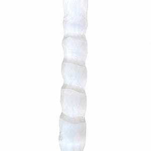 May include: A translucent white selenite crystal wand featuring a spiralling, carved texture along its cylindrical body. The object has a pointed tip at the top and a slightly tapered base, showcasing a fibrous, reflective surface with a pale glow.