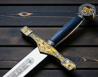 Handmade Excalibur King Arthur's legendary sword | Crown Head Merlin sword with Leather Sheath