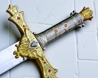 Handmade King Arthur Excalibur sword , Crown Head Merlin sword with Leather Sheath