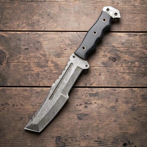 Puede incluir: Un cuchillo táctico con una hoja estampada y un mango negro con remaches de latón. La hoja tiene un borde dentado y una punta. El cuchillo se exhibe sobre una superficie de madera.