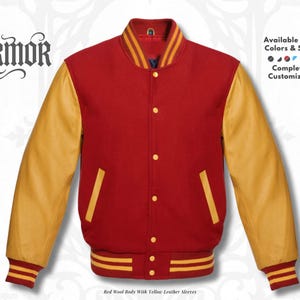 May include: A red wool body jacket with yellow leather sleeves. The jacket has a button-up front, two front pockets, and a striped collar, cuffs, and waistband. The text "NURMOR" is at the top left. Available in all colours and sizes, and completely customisable.