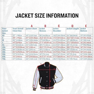 May include: A chart with jacket size information, including chest size, sleeve length, and jacket length in inches and centimeters. A black and white letterman jacket is shown at the bottom.