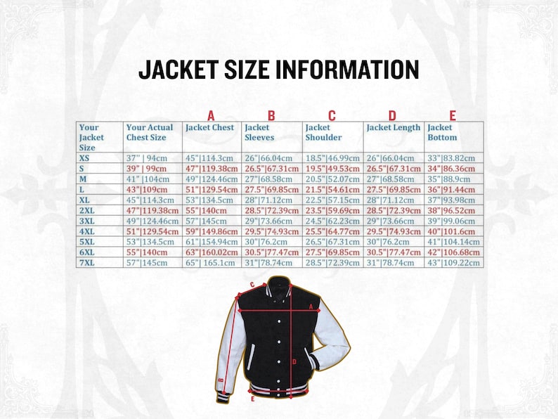 May include: A chart with jacket size information, including chest size, sleeve length, and jacket length in inches and centimeters. A black and white letterman jacket is shown at the bottom.