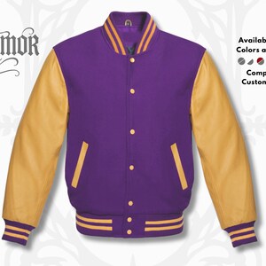 Handmade Purple Wool Varsity Jacket: Golden Leather Sleeves, Letterman Baseball Bomber Halloween Personalized Jacket