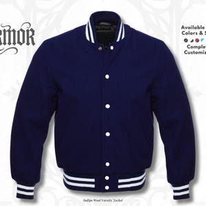 Klassische marineblaue Collegejacke aus Wolle für Herren – Vintage-Style, schlichte Letterman-Bomberjacke aus Wolle, Größen XS-7XL