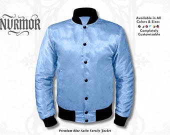 Sky Blue Men Satin Baseball Bomber Jacket Sizes (XS-7XL), Customizable