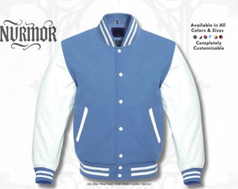Unisex Sports Varsity Baseball Bomber Sky Blue Letterman Jacket with Full Customization