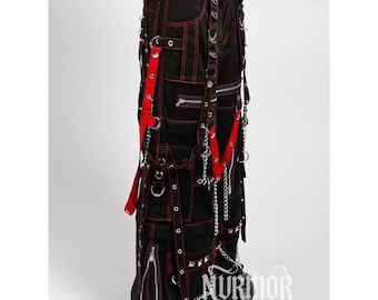 Pantaloni cargo industriali cyberpunk gotici, neri/rossi, con catena borchiata, jeans a gamba larga