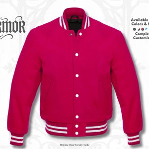 Chaqueta universitaria de lana rosa fucsia para mujer - Chaqueta bomber de lana estilo universitario, estilo vintage, lisa, personalizada, tallas XS-7XL