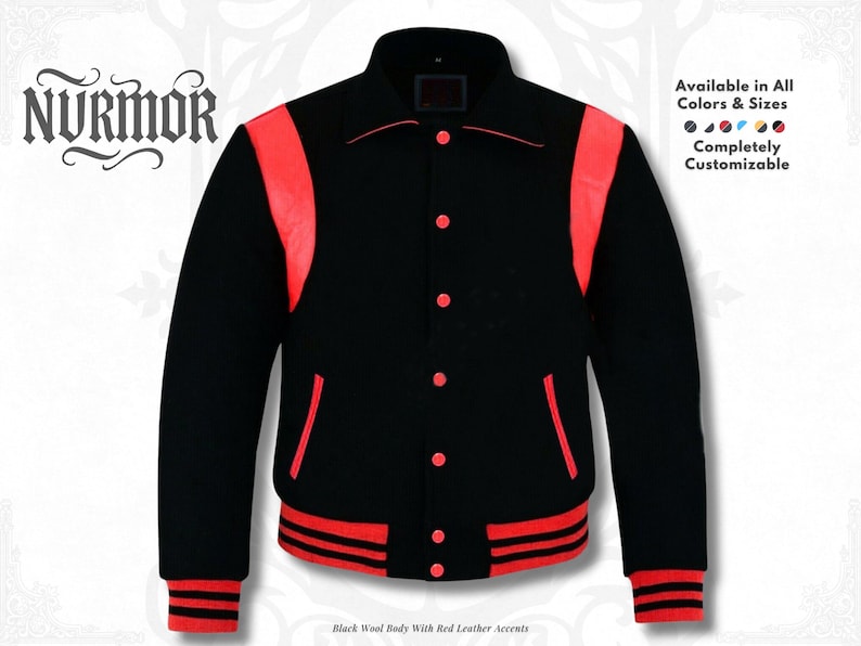 May include: A black wool varsity jacket with red leather accents. The jacket features red accents on the shoulders, pockets, cuffs, and waistband. The jacket has a button-up front and a classic collar. The text "NURMOR" is displayed at the top left.