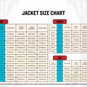 May include: A jacket size chart with measurements in inches and centimeters. The chart is divided into sections for men, women, and kids, with columns for chest, sleeves, shoulders, and length. The text "JACKET SIZE CHART" is at the top.