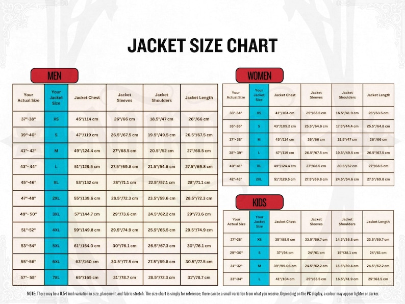 May include: A jacket size chart with measurements in inches and centimeters. The chart is divided into sections for men, women, and kids, with columns for chest, sleeves, shoulders, and length. The text "JACKET SIZE CHART" is at the top.