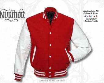 Custom Red Wool Varsity Jacket, White Leather Sleeves, Letterman Style, Easter Gift