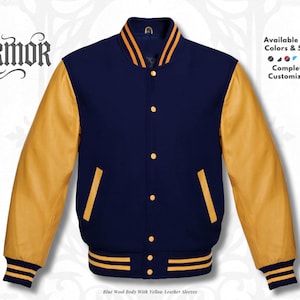 May include: A navy blue varsity jacket with yellow leather sleeves. The jacket has a button-up front, pockets, and striped cuffs and hem. The text "NURMOR" is at the top left. The text "Available in All Colors & Sizes" and "Completely Customizable" are on the right.