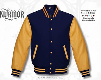 Unisex Custom Blue Varsity Letterman Jacket with Golden Leather Sleeves Baseball Bomber
