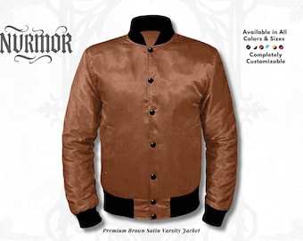 Brown/Black Satin Men's Varsity Baseball Bomber Jacket with Black Ribs Sizes (XS-7XL), Customizable