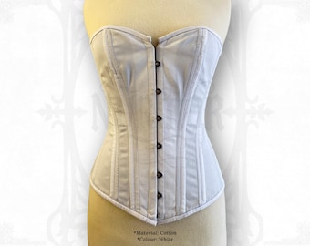 White Cotton Overbust Corset: Steel Boned Waist Trainer, Custom Fit